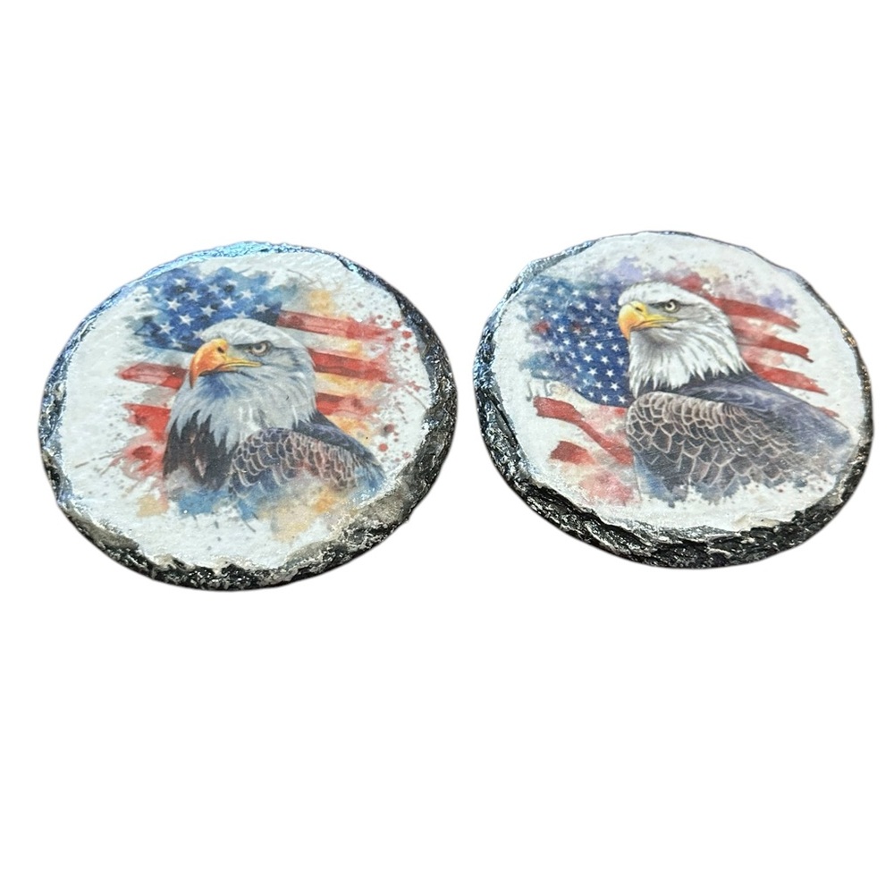Handcrafted Patriotic Eagle slate coasters set of 2